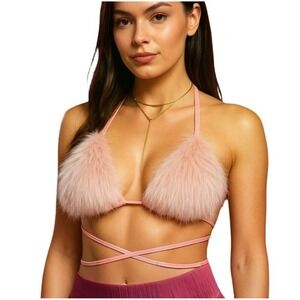 J. Valentine Womens Festival Pink Fuzzy Fur Triangle Bikini Halter Crop Top S/M